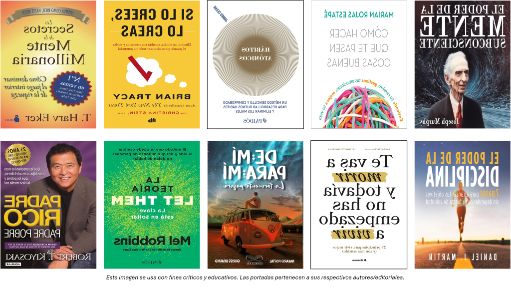 Collage de portadas de libros populares de autoayuda y motivación como “Hábitos atómicos”, “Padre rico, padre pobre” y “Los secretos de la mente millonaria”