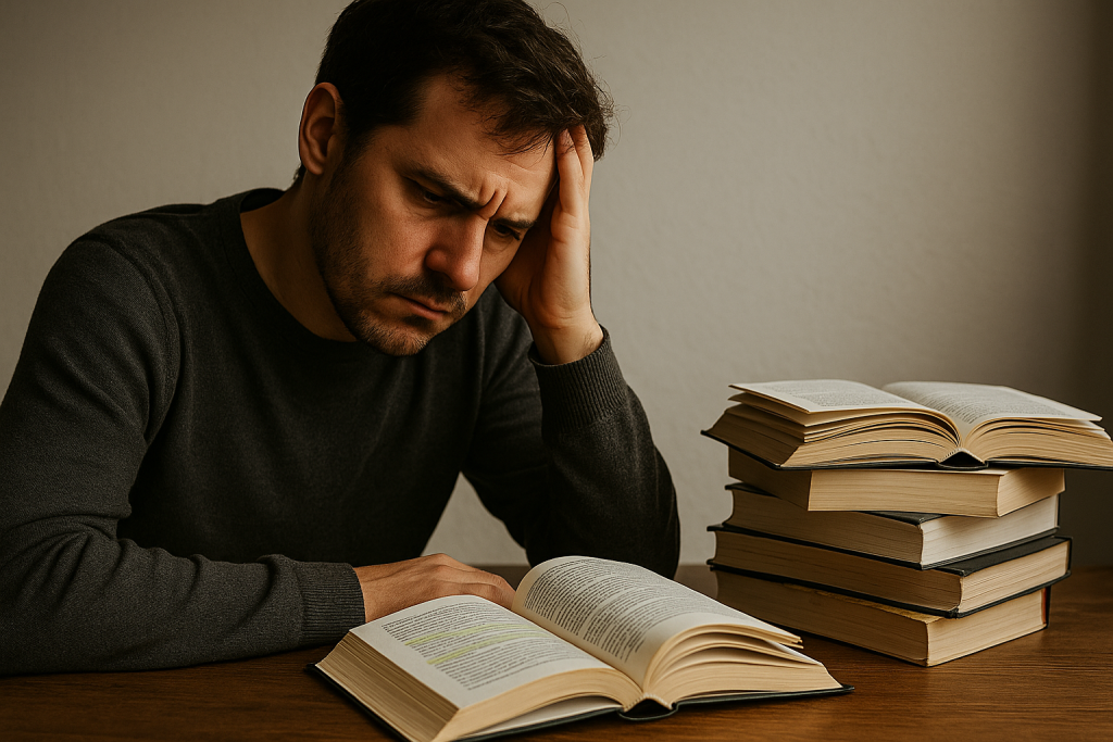 Hombre concentrado leyendo un libro subrayado, con expresión de incomodidad, junto a una pila de libros abiertos.