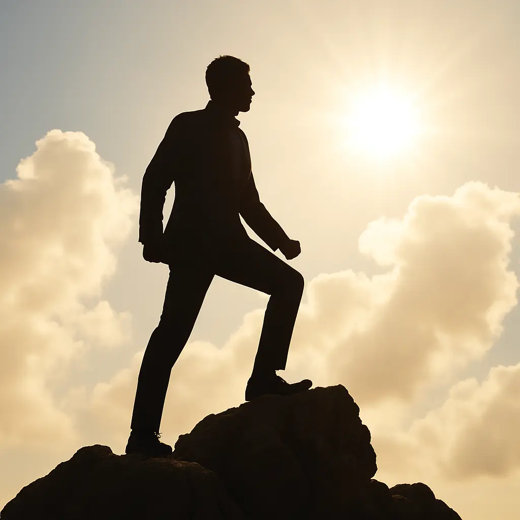 Persona en un cruce de caminos iluminado por la luz del amanecer, símbolo del Plan A como decisión de claridad y propósito.