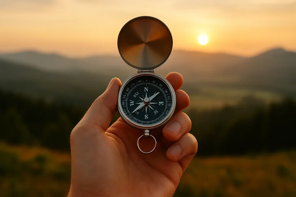 Mano sosteniendo una brújula clásica frente a un horizonte montañoso al atardecer.