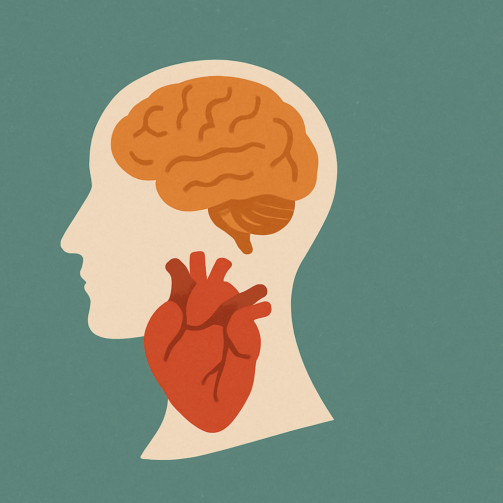 Ilustración digital plana de perfil humano, con un cerebro anaranjado en la parte superior y un corazón rojo anatómico en la parte inferior, sobre un fondo verde texturizado.