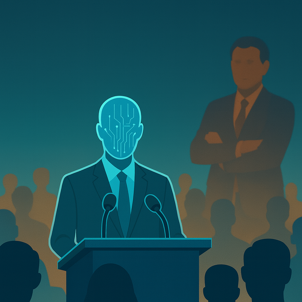 Ilustración conceptual de un gerente en traje formal, de pie frente a un podio en una sala de conferencias. Su rostro es reemplazado por una cabeza digital futurista, mientras el público aplaude en la sombra.