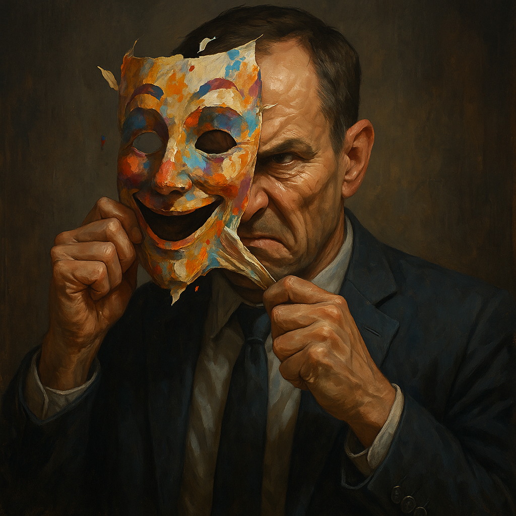 Hombre quitándose una máscara sonriente y colorida, revelando un gesto serio y molesto, metáfora del teatro corporativo y la innovación sin estrategia.