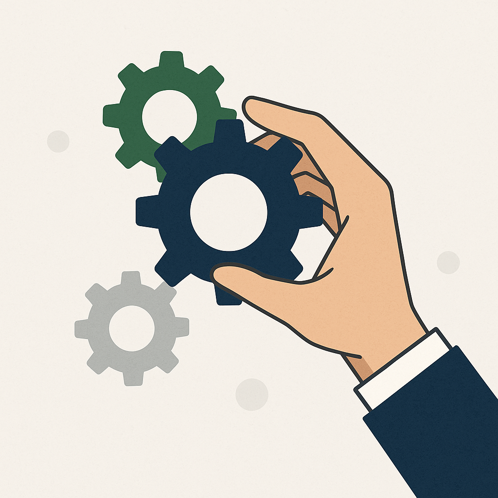 Ilustración conceptual de una mano firme que sostiene engranajes, símbolo del management serio y la mano visible de la gestión estratégica en 2025.