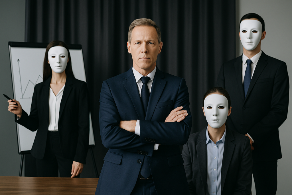 Ejecutivos con máscaras blancas en una oficina, simbolizando el management de utilería y el liderazgo superficial.