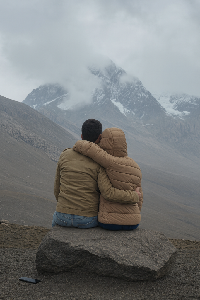 Pareja sentada de espaldas en la montaña, abrazada y mirando el horizonte, símbolo de pausa, conexión humana y desconexión consciente.