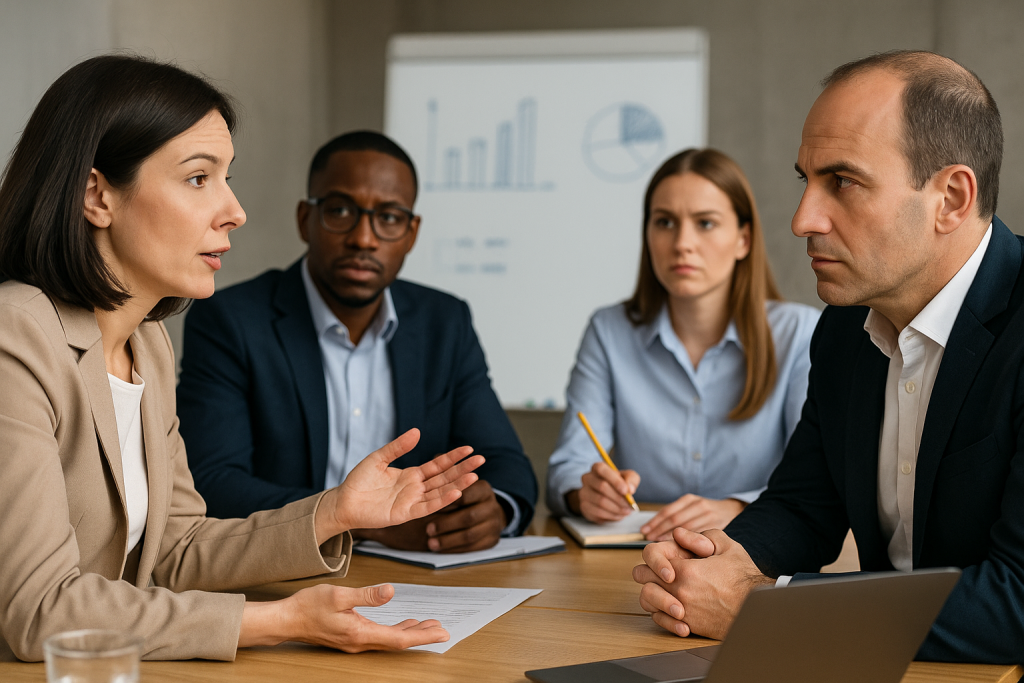 Reunión profesional donde un grupo de cuatro personas dialoga con atención y respeto, representando la comunicación asertiva y acertada como base del liderazgo estratégico.