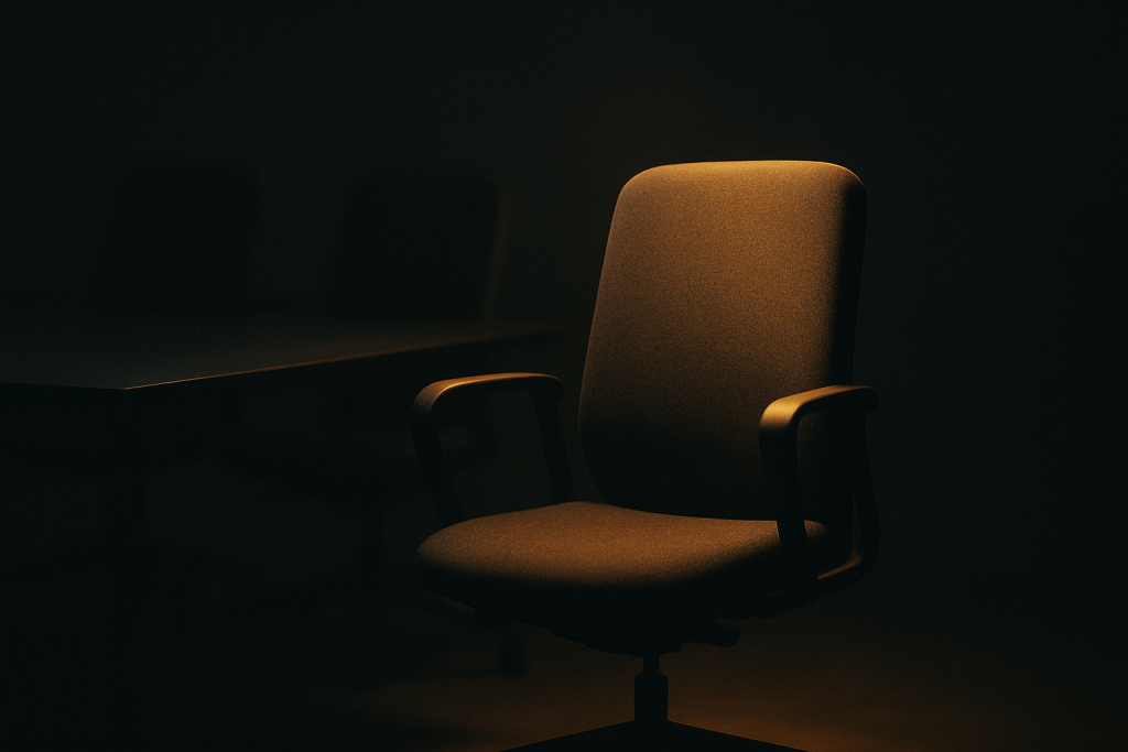Silla vacía iluminada en una oficina moderna, símbolo de la exclusión laboral del talento mayor de 50 años en Colombia.