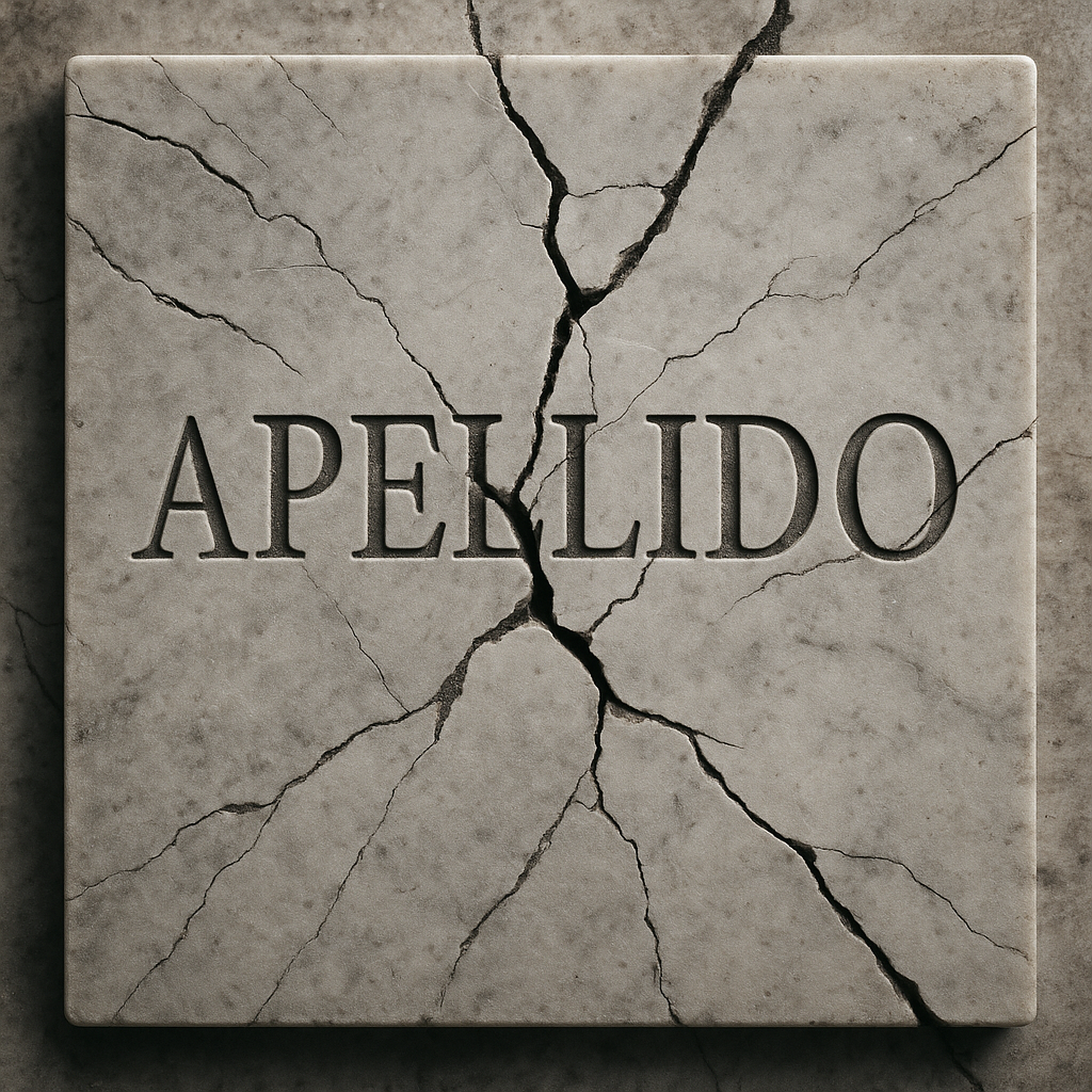 Placa de mármol con la palabra APELLIDO grabada y atravesada por grietas, símbolo de la fragilidad en las empresas familiares en Colombia