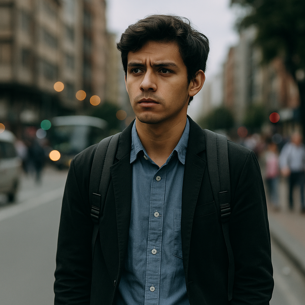 Joven colombiano con mochila y saco oscuro camina por una avenida urbana con expresión seria, simbolizando la incertidumbre del primer empleo.