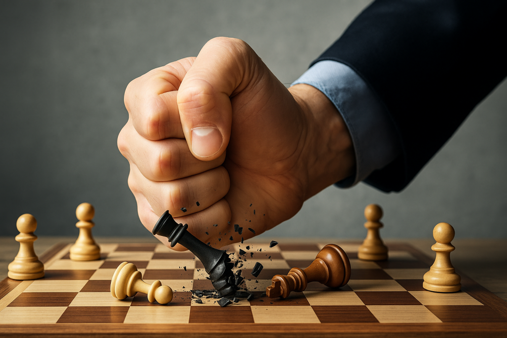 Representación conceptual de cómo el control destruye la estrategia: una mano intenta mover piezas estratégicas mientras está limitada por hilos que simbolizan el exceso de control.