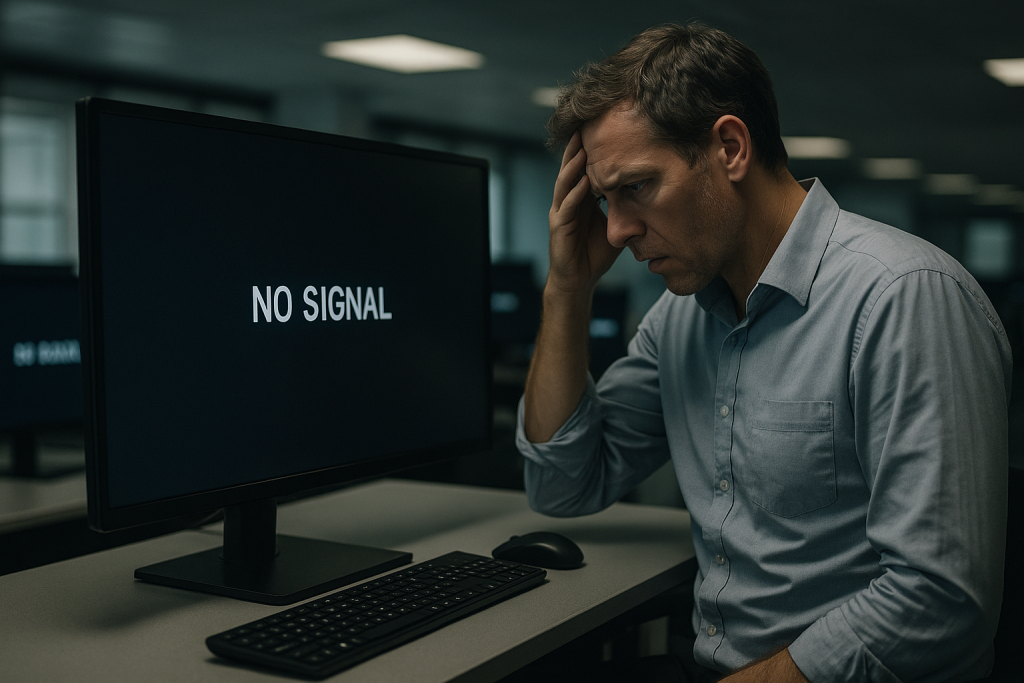 Hombre en oficina frente a una pantalla con “No Signal”, simbolizando la falta de resiliencia organizacional en Colombia ante la caída de sistemas.