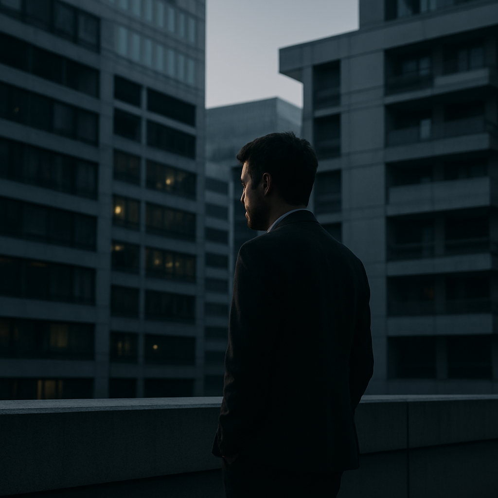 Pensamiento crítico en Colombia representado por una figura reflexiva observando un entorno urbano complejo, símbolo de lucidez y criterio bajo presión.