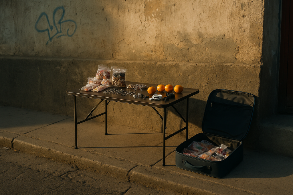 Puesto improvisado típico del rebusque en Colombia: mesa plegable y maleta abierta con productos informales sobre un andén urbano.